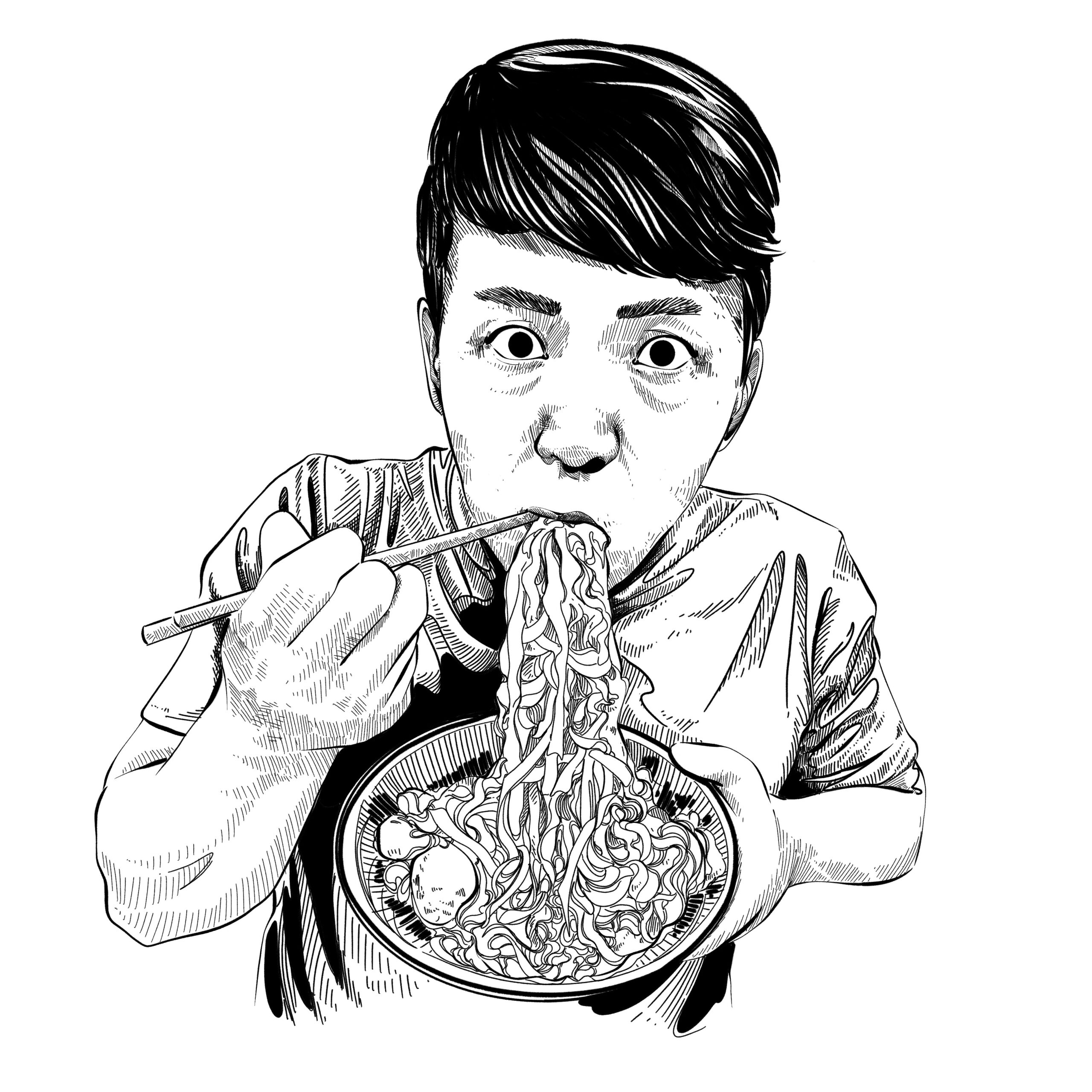 Mike Chen eating a bowl of noodles