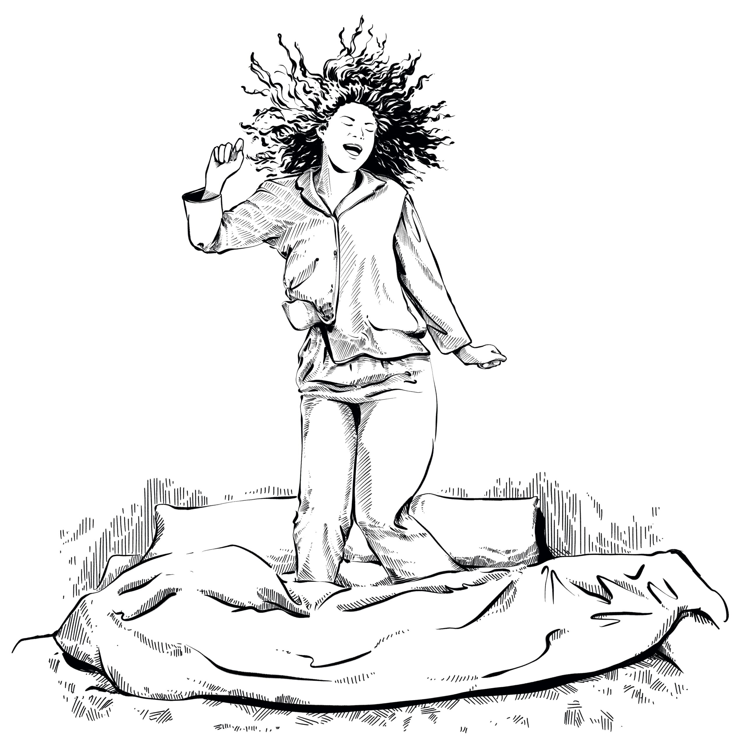 Woman dancing and jumping on her bed